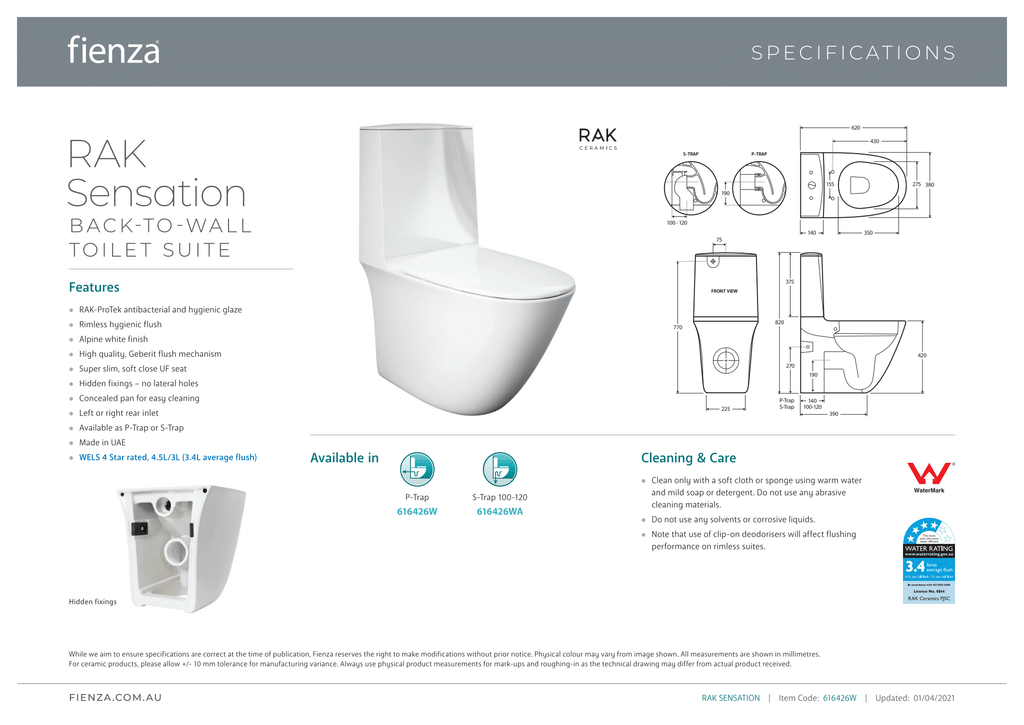 Fienza Rak Sensation Back-to-Wall Suite - Wellsons
