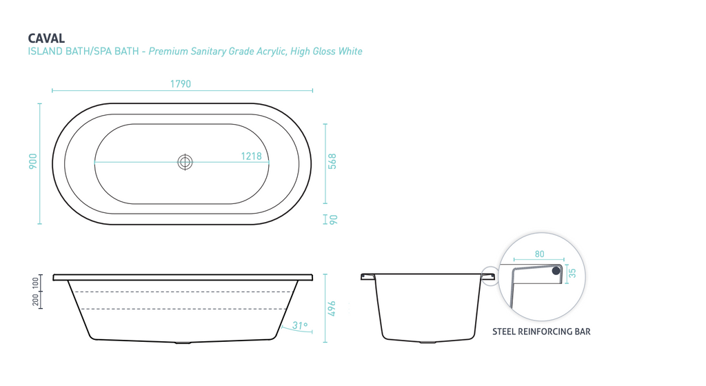 Decina Caval Dolce Vita Spa 18 Jet Inset Bath 1800mm - Gloss White