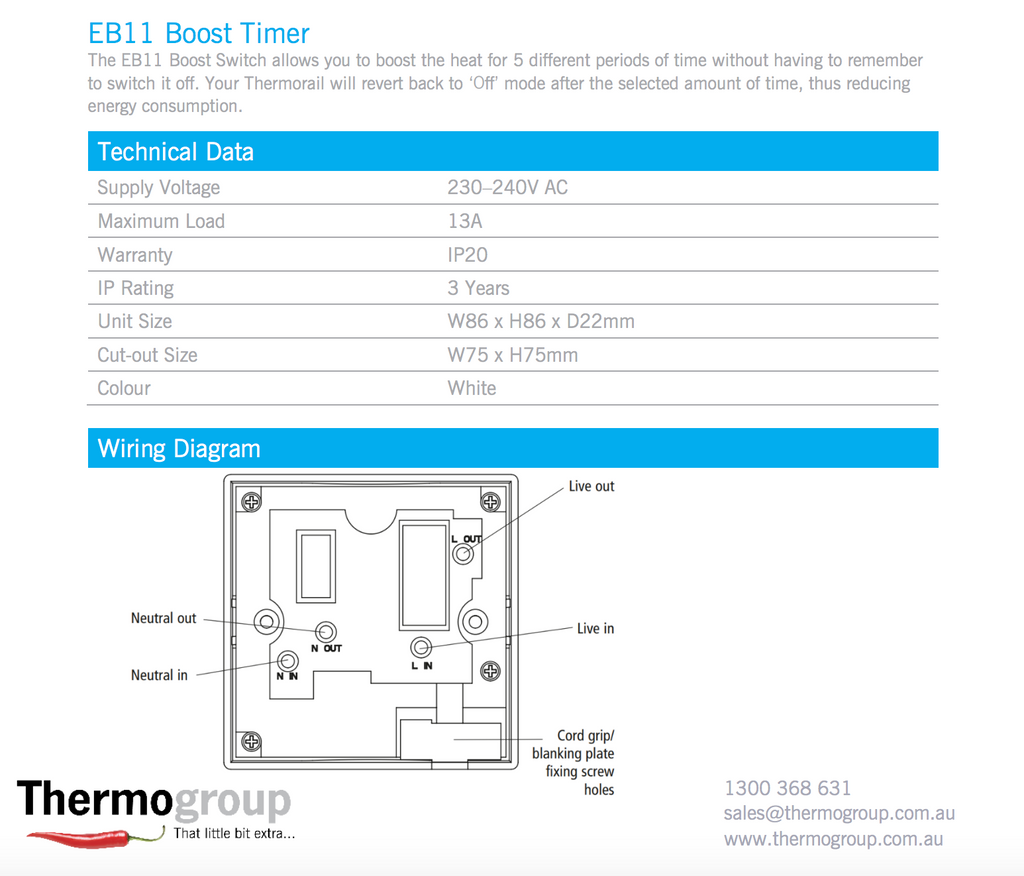 Thermogroup Boost Switch Timer 1/4,1/2, 1, 2,4 hrs