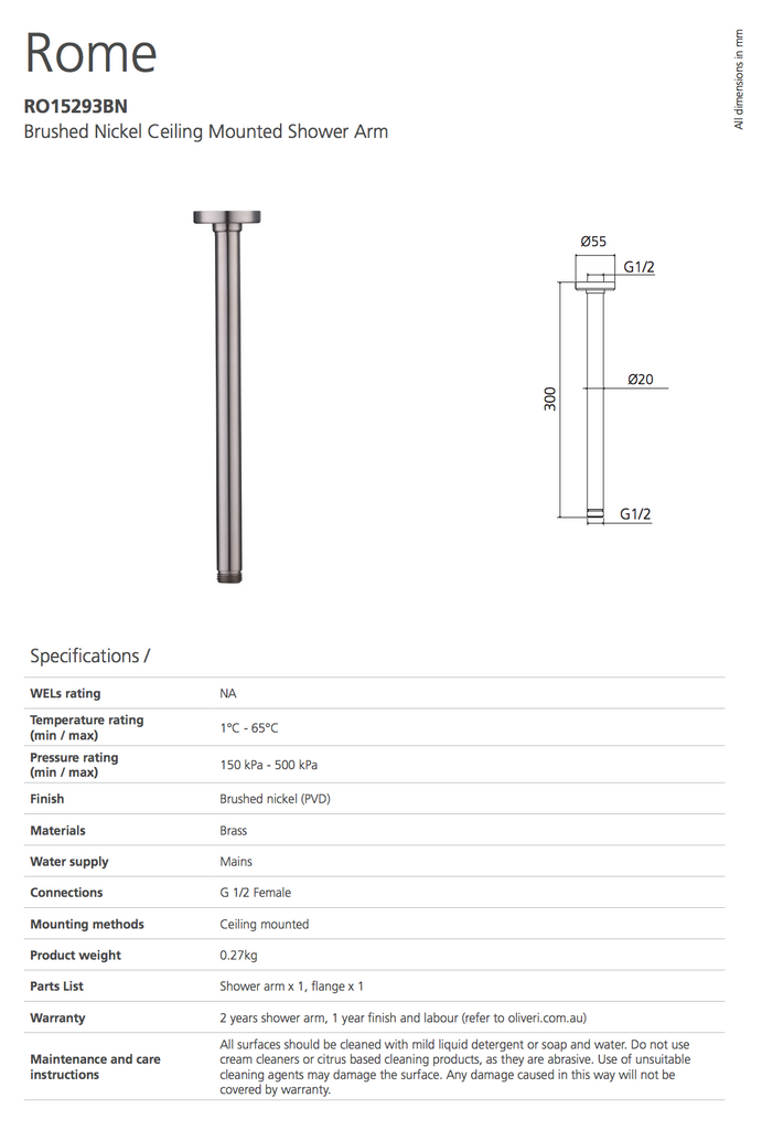 Oliveri Rome Brushed Nickel Ceiling Mounted Shower Arm