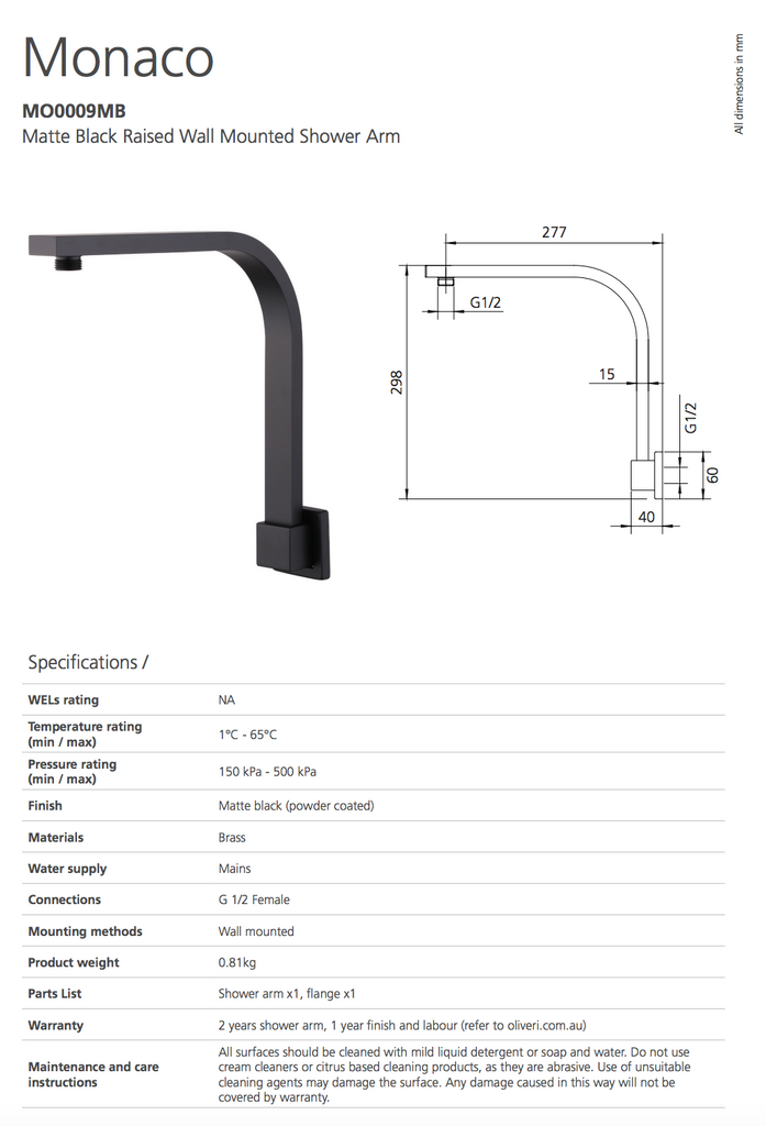 Oliveri Monaco Matte Black Raised Wall Mounted Shower Arm