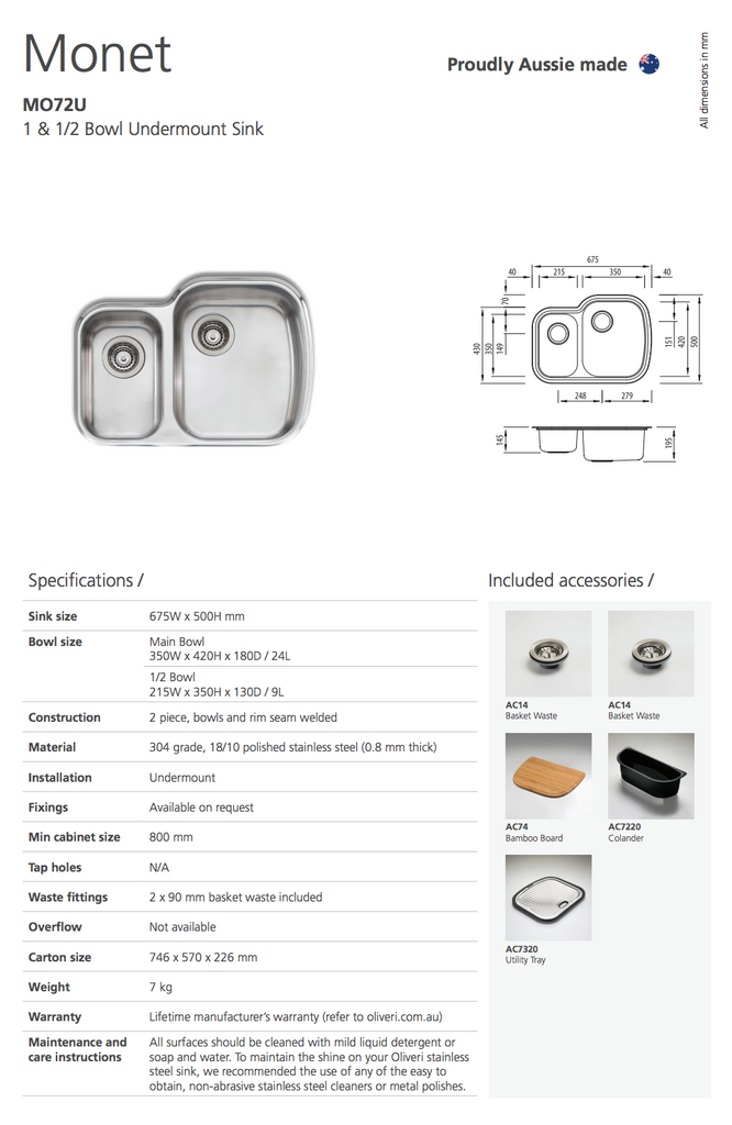 Oliveri Monet 1 & 1/2 Bowl Undermount Sink