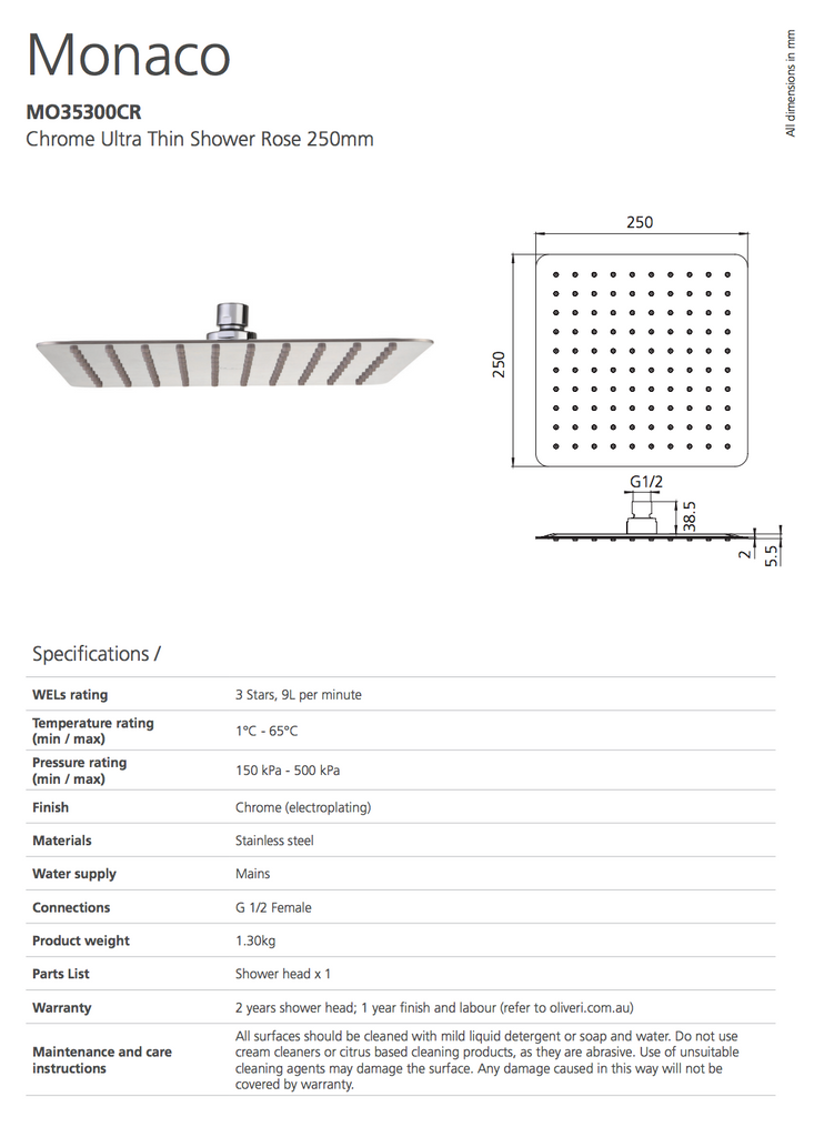 Oliveri Monaco Chrome Ultra Thin Shower Rose