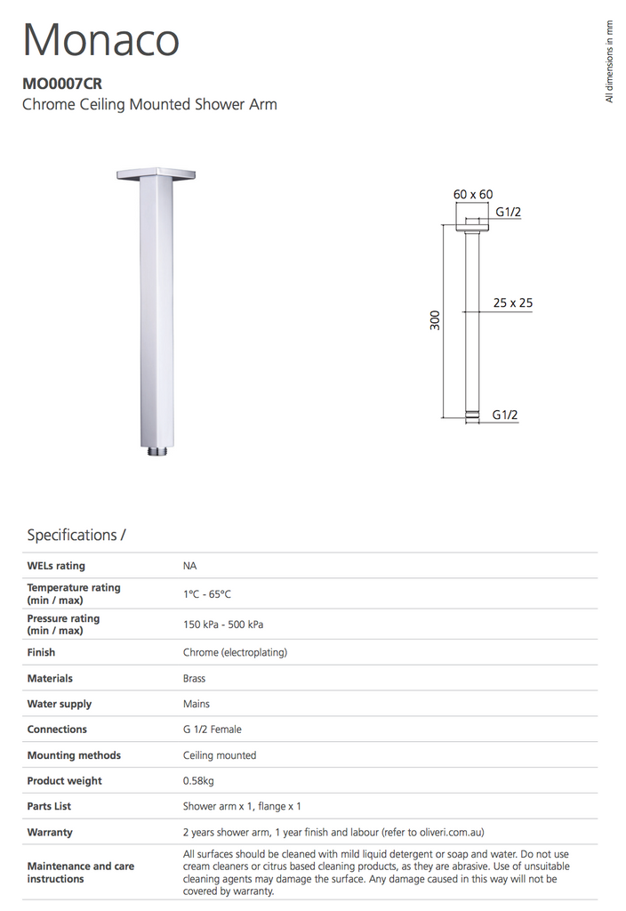 Oliveri Monaco Ceiling Mounted Shower Arm