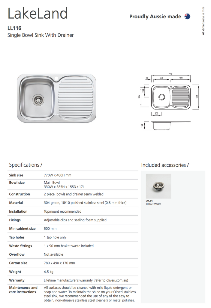 Oliveri Lakeland Single Bowl Sink With Drainer