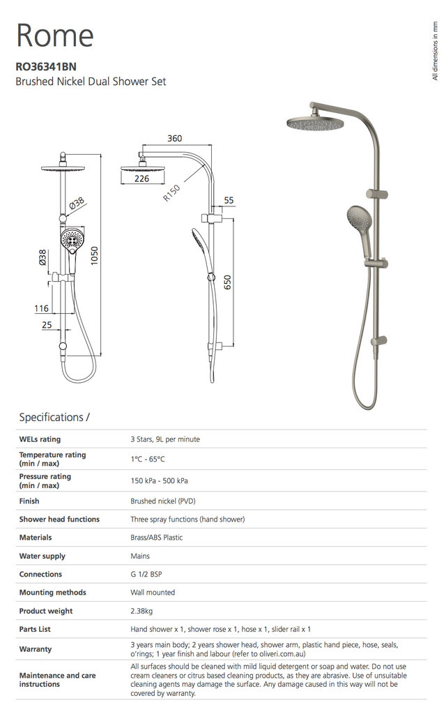 Oliveri Rome Brushed Nickel Dual Shower Set