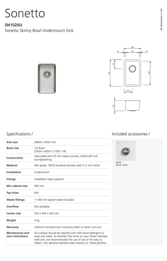 Oliveri Sonetto Large Bowl Undermount Sink & Skinny Bowl Undermount Sink