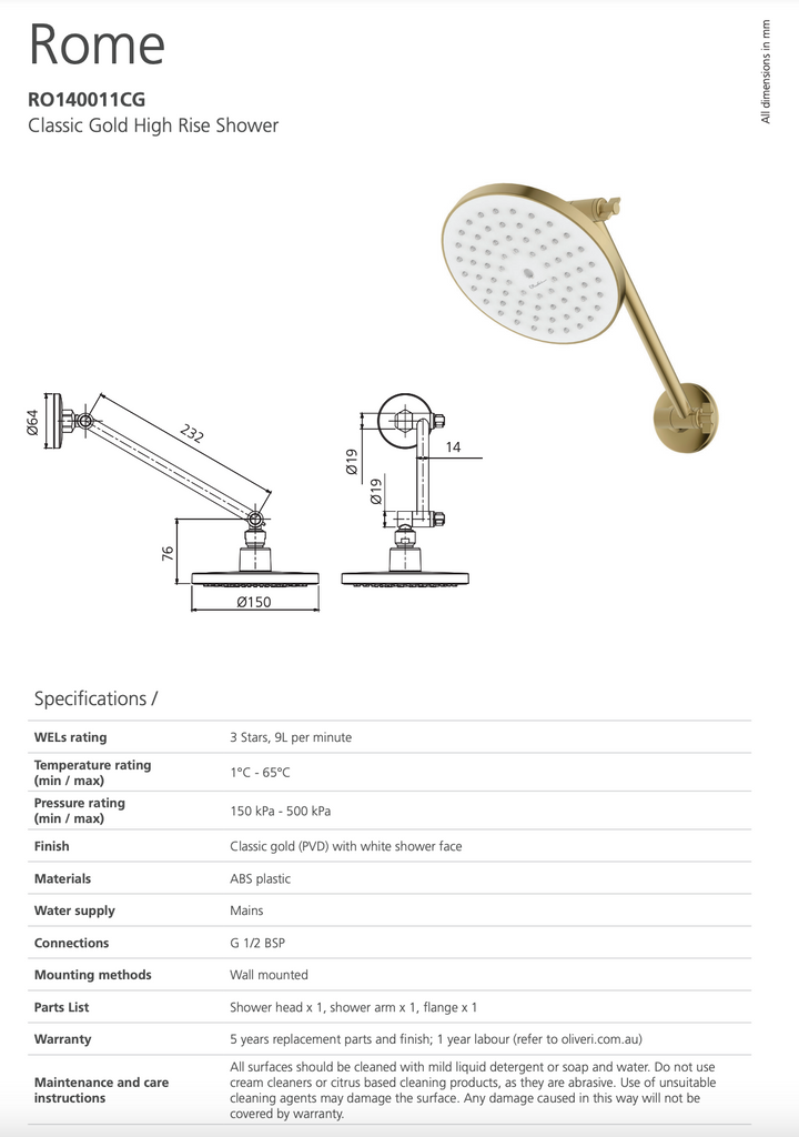 Oliveri Rome Gold High Rise Shower
