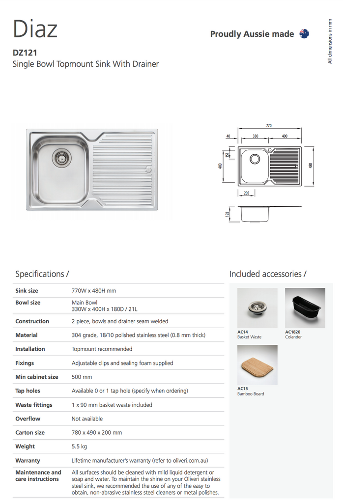 Oliveri Diaz Single Bowl Sink With Drainer