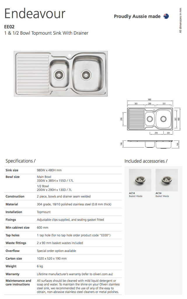 Oliveri Endeavour 1 & 1/2 Bowl Sink With Drainer