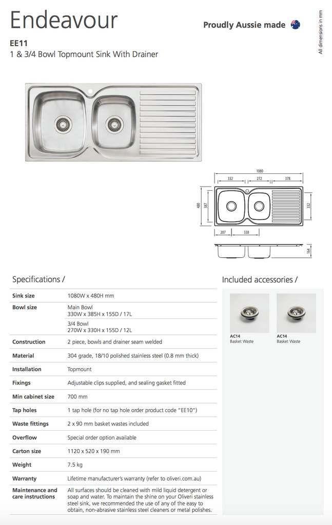 Oliveri Endeavour 1 & 3/4 Bowl Sink With Drainer