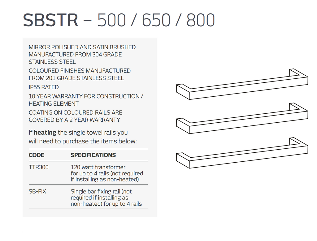 Radiant Heating Square Single Bar 12V Heated Towel Rail Polished 650