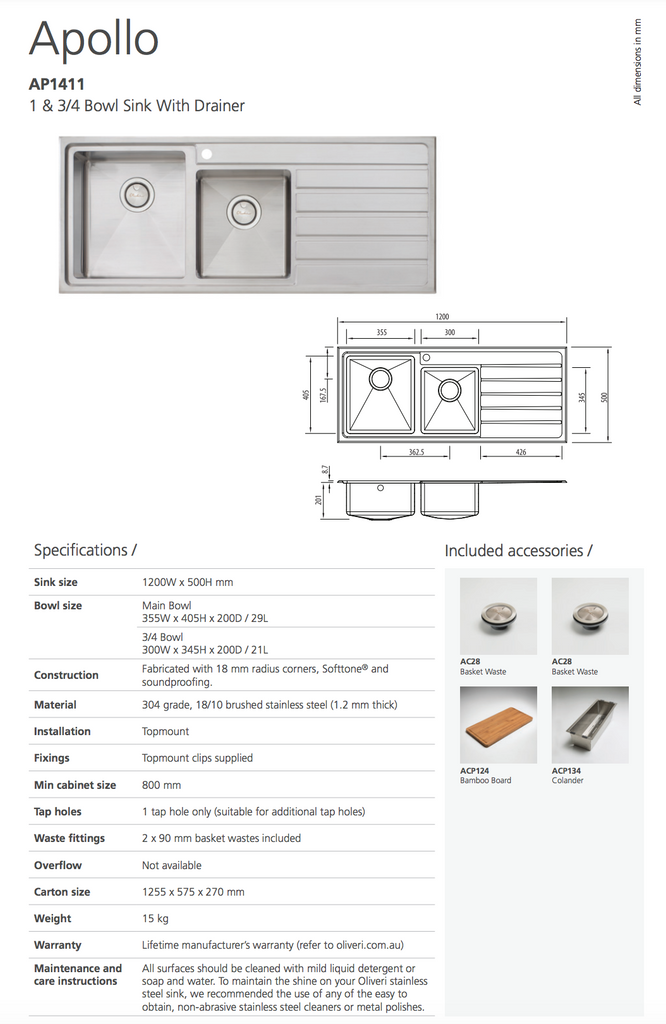 Oliveri Apollo 1 & 3/4 Bowl Sink With Drainer