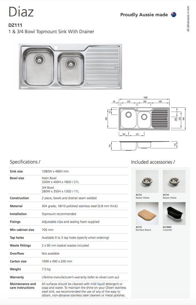 Oliveri Diaz 1 & 3/4 Bowl Sink With Drainer