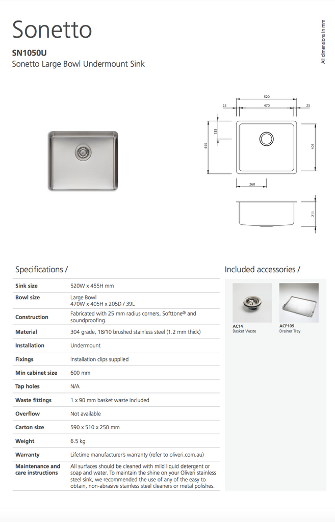 Oliveri Sonetto Large Bowl Undermount Sink & Skinny Bowl Undermount Sink