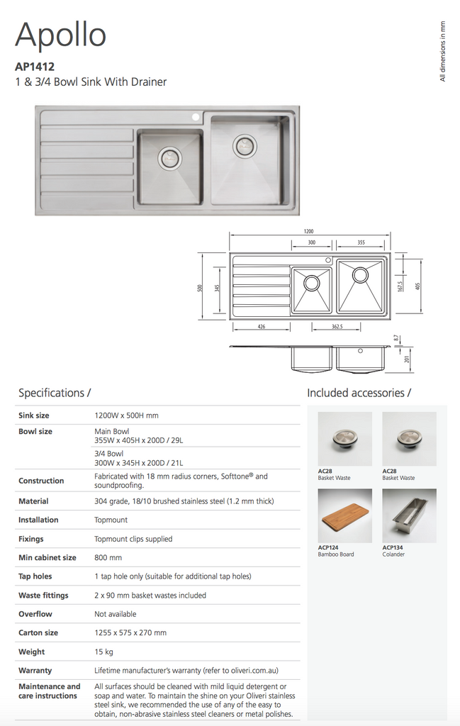 Oliveri Apollo 1 & 3/4 Bowl Sink With Drainer
