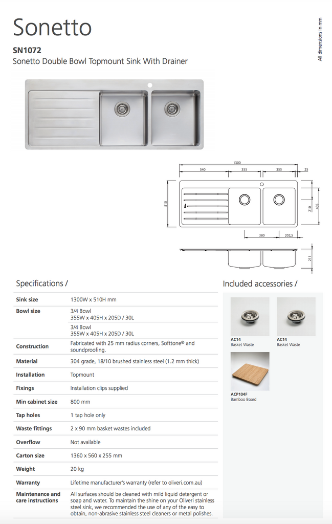 Oliveri Sonetto Double Bowl Topmount Sink With Drainer