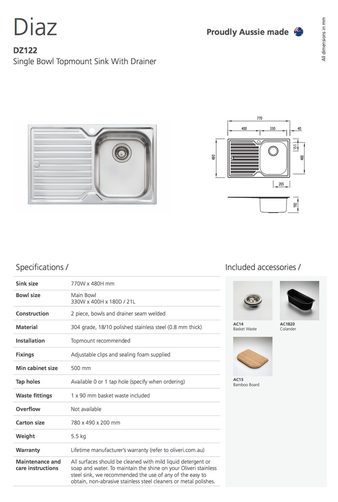 Oliveri Diaz Single Bowl Sink With Drainer