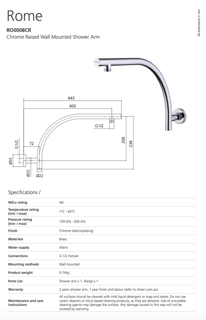 Oliveri Rome Chrome Raised Wall Mounted Shower Arm
