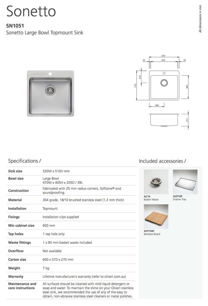 Oliveri Sonetto Large Bowl Topmount Sink