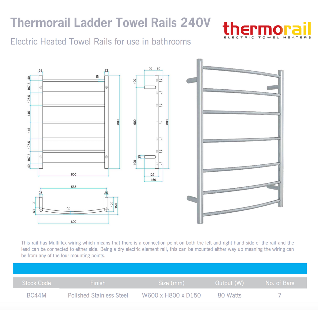 Thermogroup 7 Bar Curved Round Budget Ladder Heated Towel Rail - Polished Stainless Steel