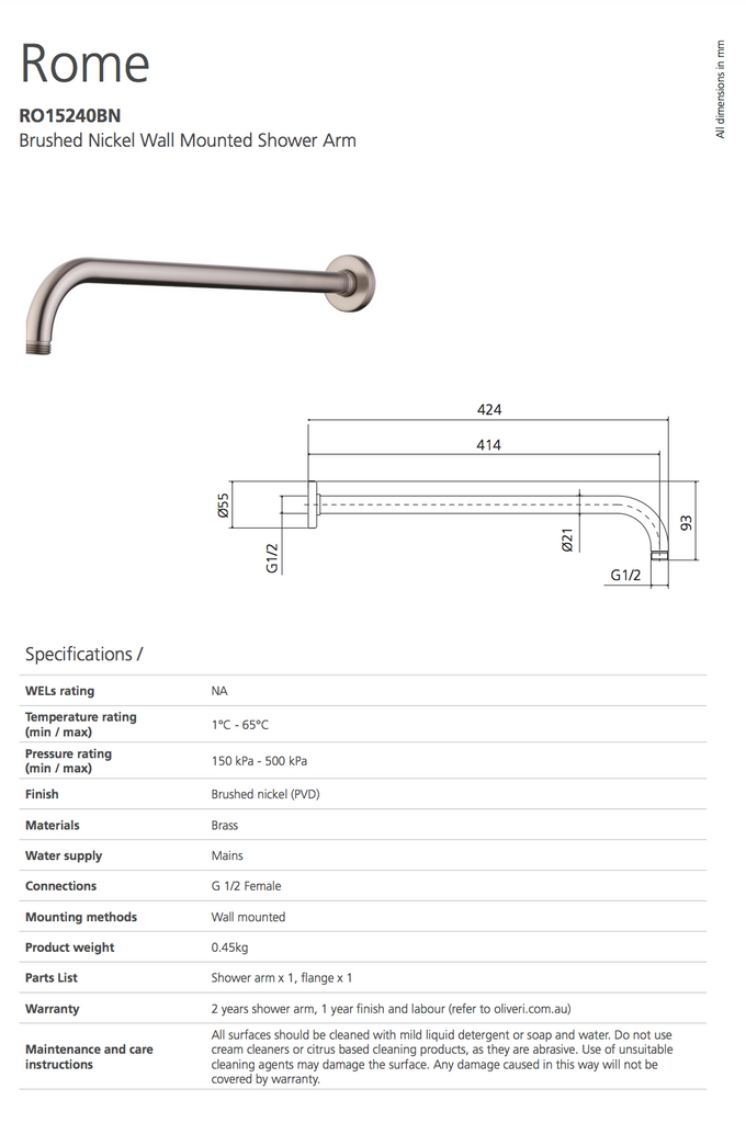 Oliveri Rome Brushed Nickel Mounted Shower Arm