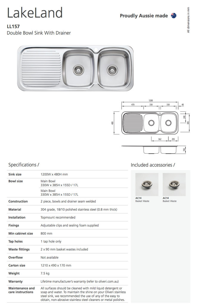 Oliveri Lakeland Double Bowl Sink With Drainer
