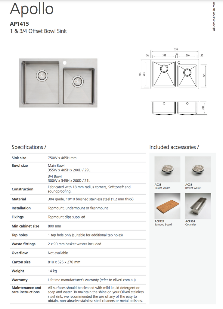 Oliveri Apollo 1 & 3/4 Offset Bowl Sink
