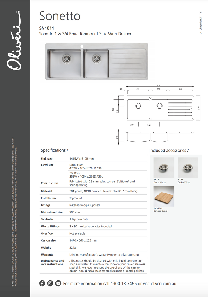 Oliveri Sonetto 1 & 3/4 Bowl Topmount Sink With Drainer