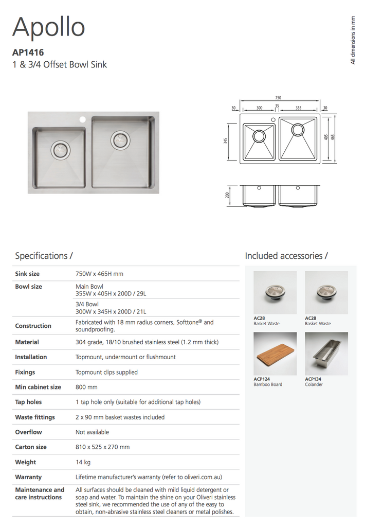 Oliveri Apollo 1 & 3/4 Offset Bowl Sink