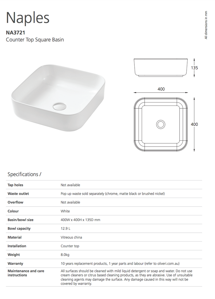 Oliveri Naples Counter Top Square Basin