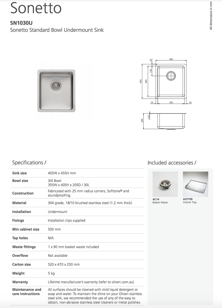 Oliveri Sonetto Large Bowl Undermount SInk & Standard Bowl Undermount Sink