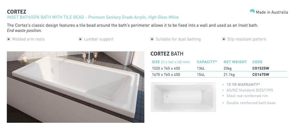 Decina Cortez Inset Bath 1520/1670mm - Gloss White