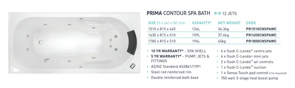 Decina Prima Contour 12 Jet Spa Inset Bath 1515/1635/1785mm - Gloss White