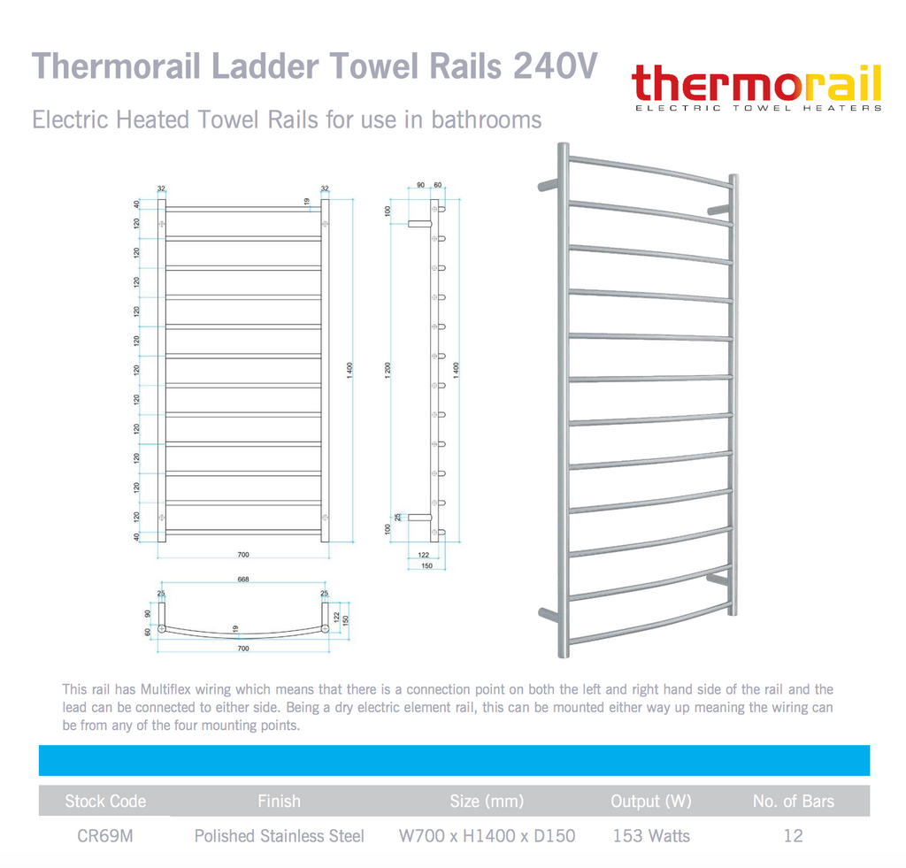 Thermogroup 12 Curved Round Ladder Heated Towel Rail - Polished Stainless Steel