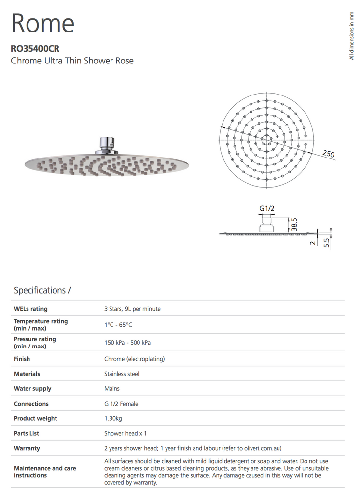 Oliveri Rome Chrome Ultra Thin Shower Rose
