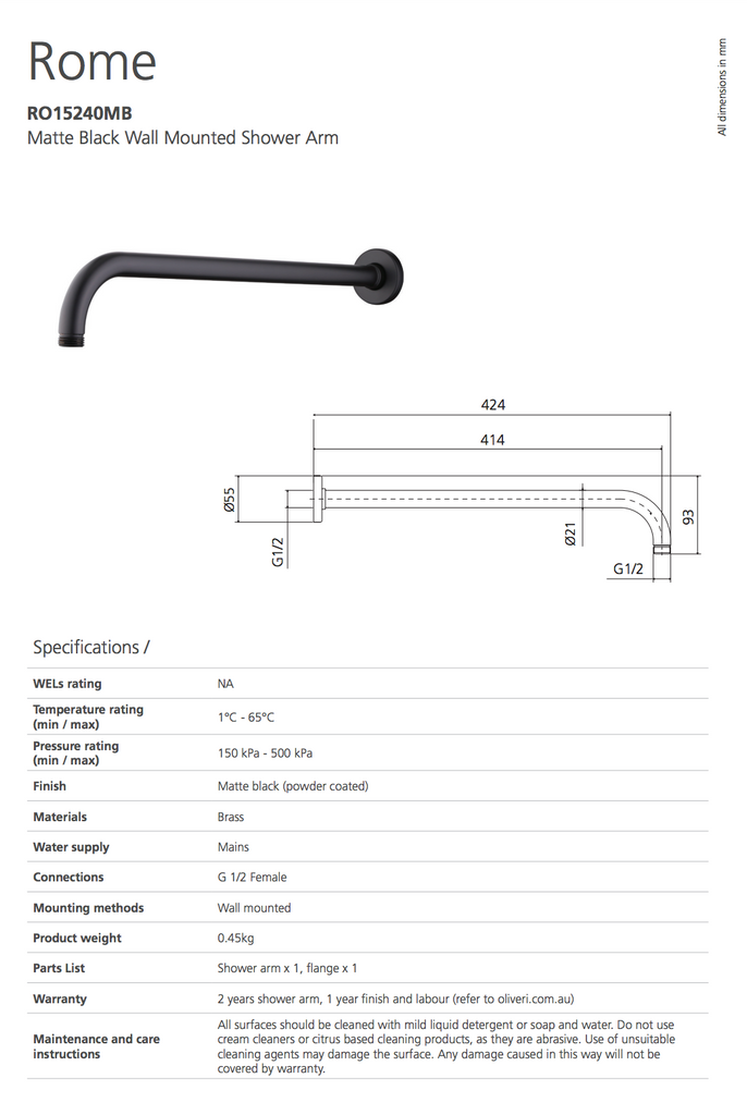 Oliveri Rome Matte Black Wall Mounted Shower Arm