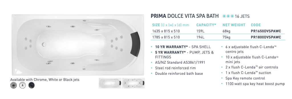 Decina Prima Dolce Vita 16 Jet Spa Inset Bath 1635/1785mm - Gloss White