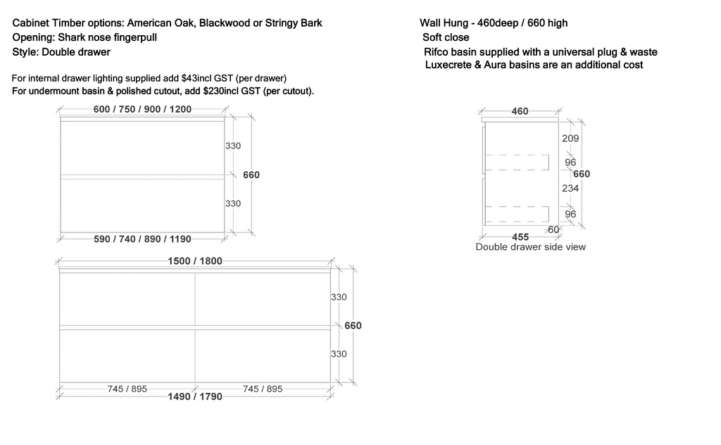 Rifco Genesis Wall Hung Vanity with Acrylic Top and Basin Double Drawer