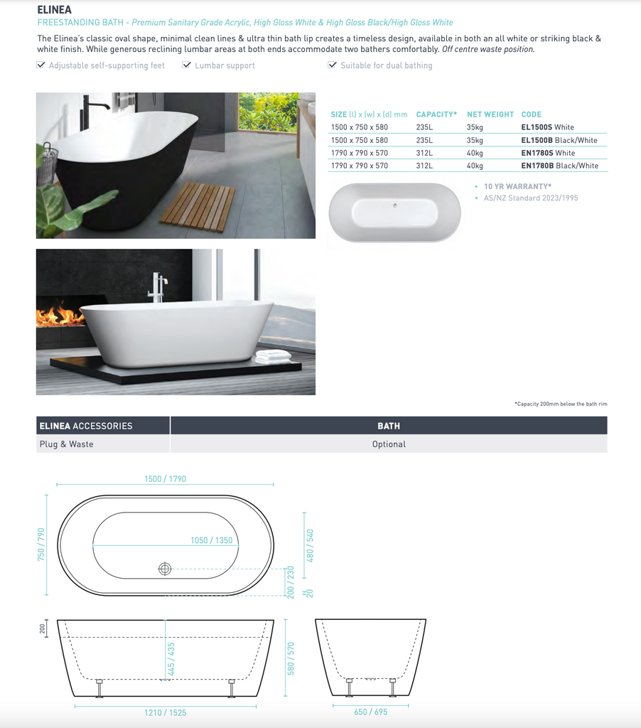 Decina Elinea Freestanding Bath 1500 1790mm - White