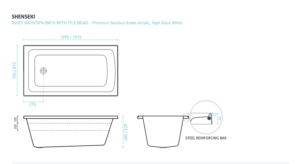 Decina Shenseki Dolce Vita 16 Jet Inset Bath 1395/1515mm - Gloss White