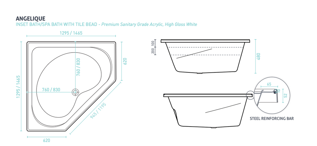 Decina Angelique Dolce Vita 18 Jet Spa Inset Corner Bath 1295/1465mm - Gloss White