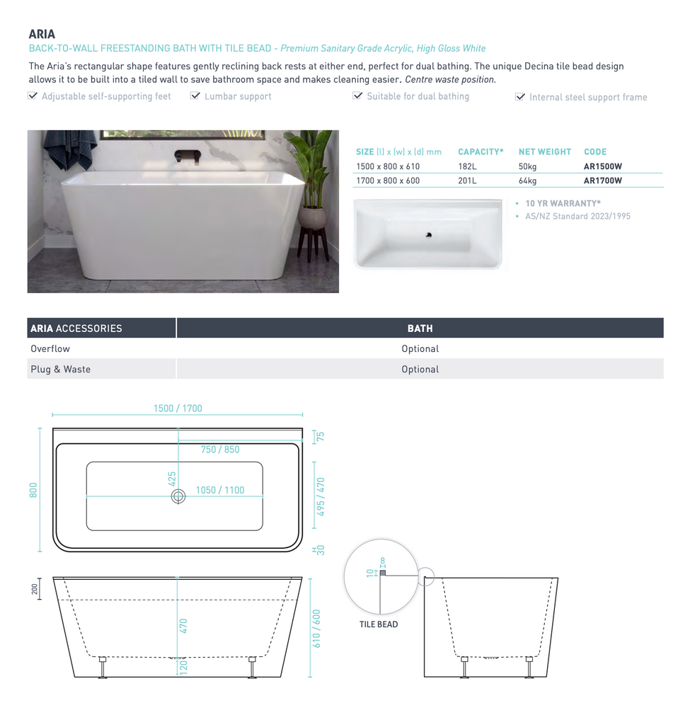 Decina Aria Back To Wall Freestanding Bath 1500 1700mm - Gloss White