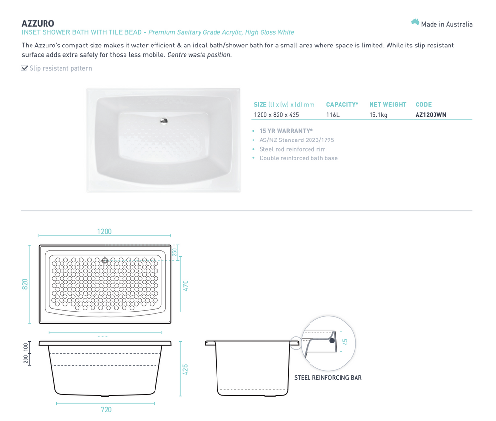 Decina Azzurro Inset Shower Bath 1200mm - Gloss White