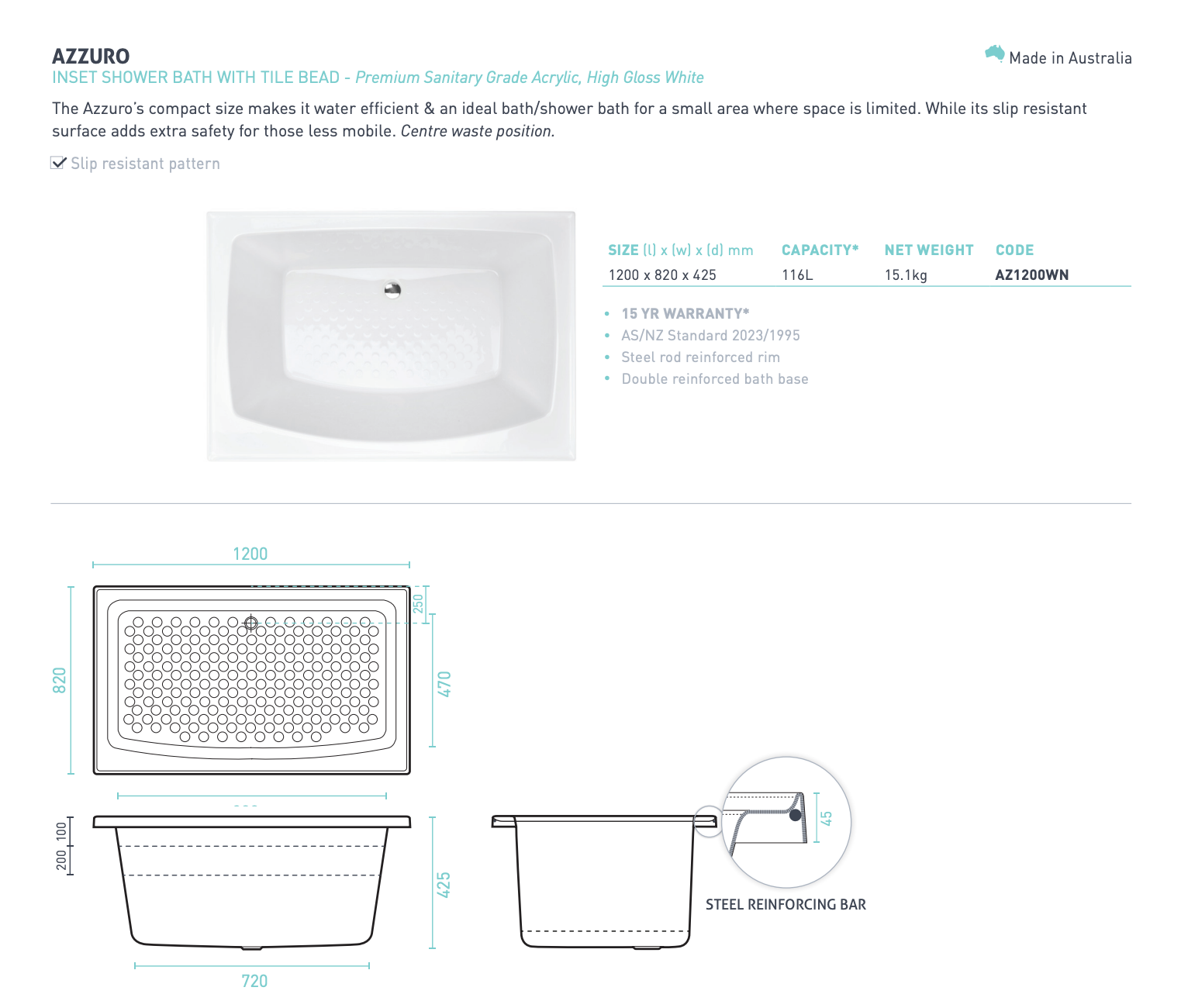 Decina Azzurro Inset Shower Bath 1200mm - Gloss White – Wellsons