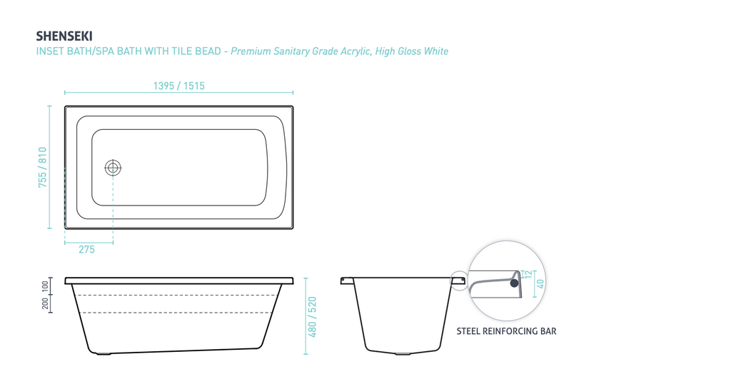 Decina Shenseki Santai 10 Jet Inset Bath 1395/1515mm - Gloss White