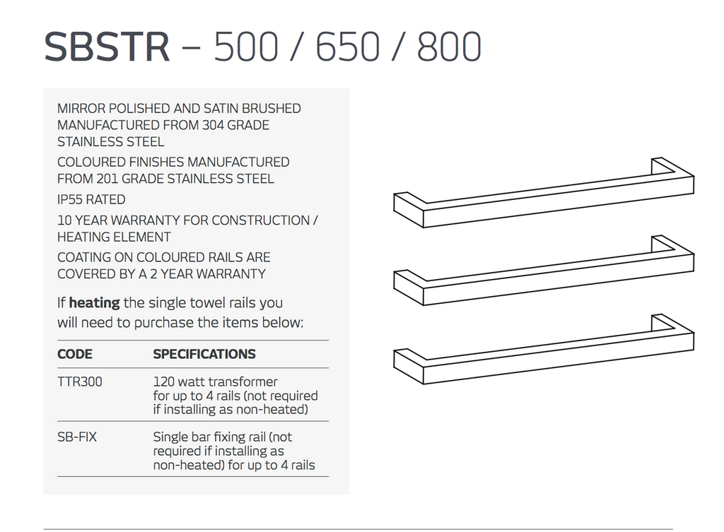 Radiant Heating Square Single Bar 12V Heated Towel Rail Matte Black 500