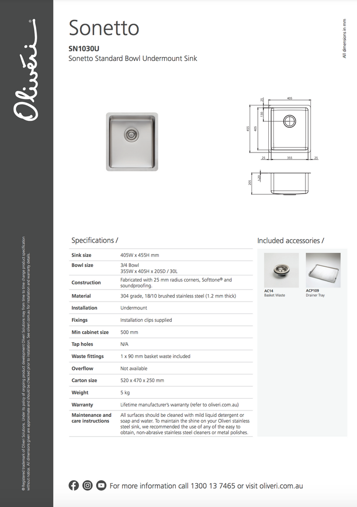 Oliveri Sonetto Standard Bowl Undermount Sink & Skinny Bowl Undermount Sink