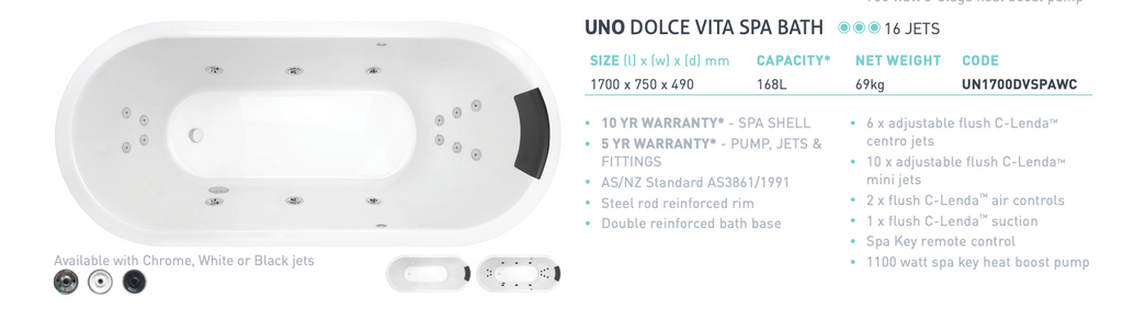 Decina Uno Dolce Vita 16 Jet Inset Spa Bath 1700mm - Gloss White