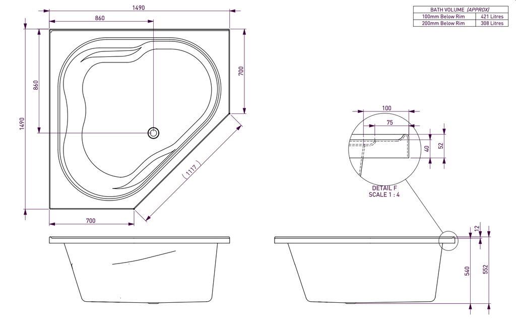 Decina Postiano Inset Corner Bath 1490mm - Gloss White
